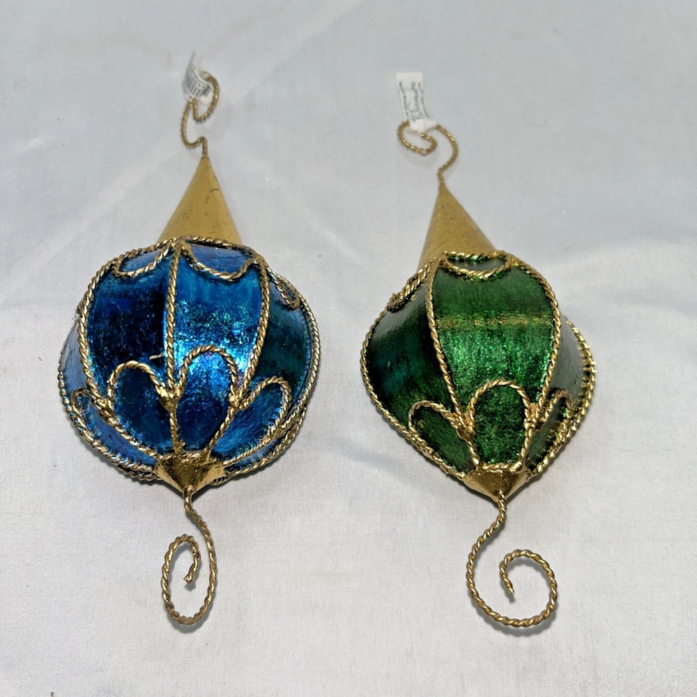 Department 56 Set of 2 Lantern Christmas Ornaments Blue Green Gold Filigree